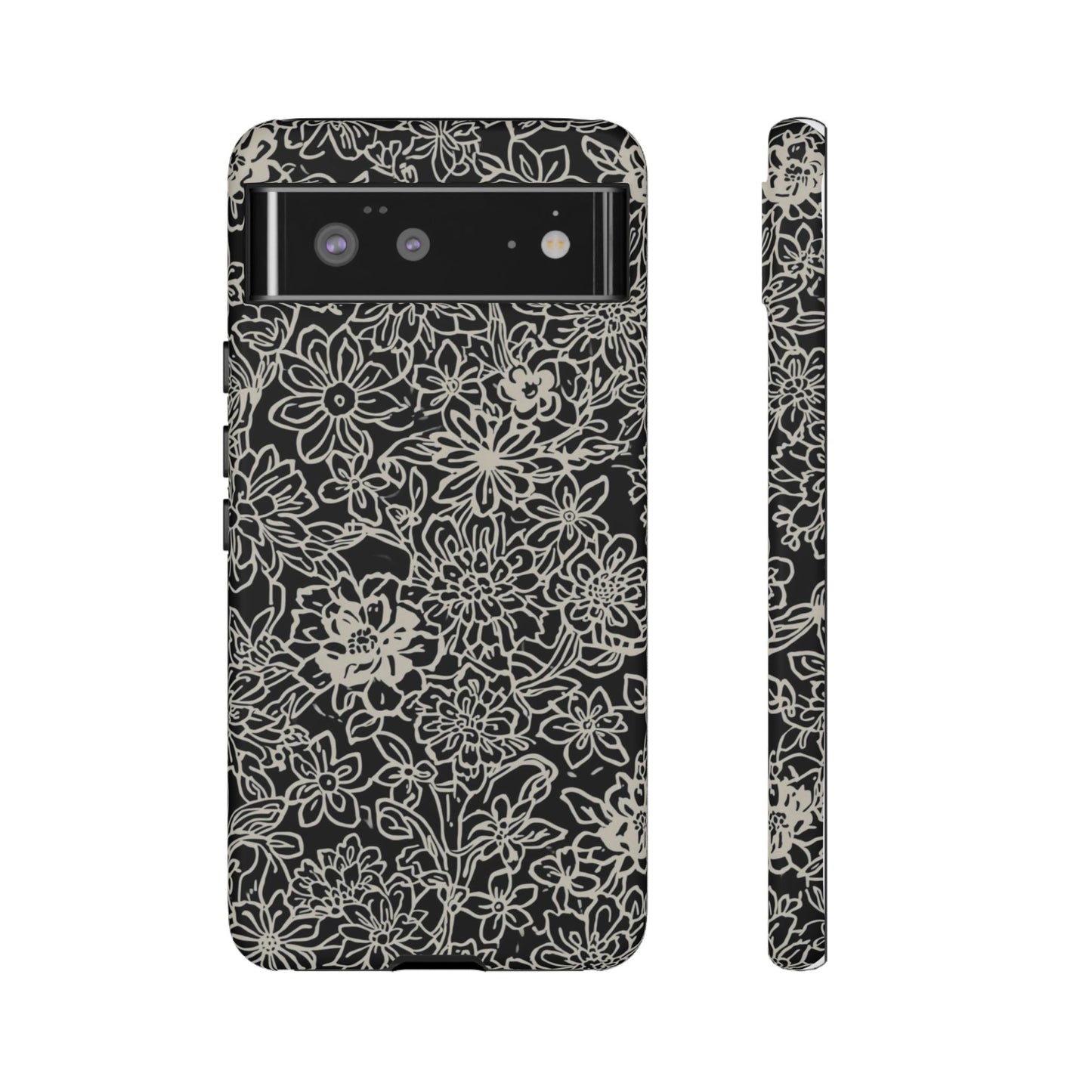Floral Doodle Tough Phone Case — Black & White Sketch Flower Protective Cover