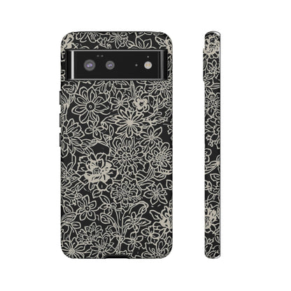 Floral Doodle Tough Phone Case — Black & White Sketch Flower Protective Cover