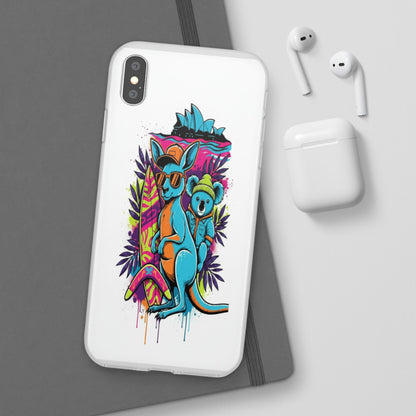 Kangaroo & Koala Surf Phone Case — Neon Aussie Beach Vibes Flexible Case