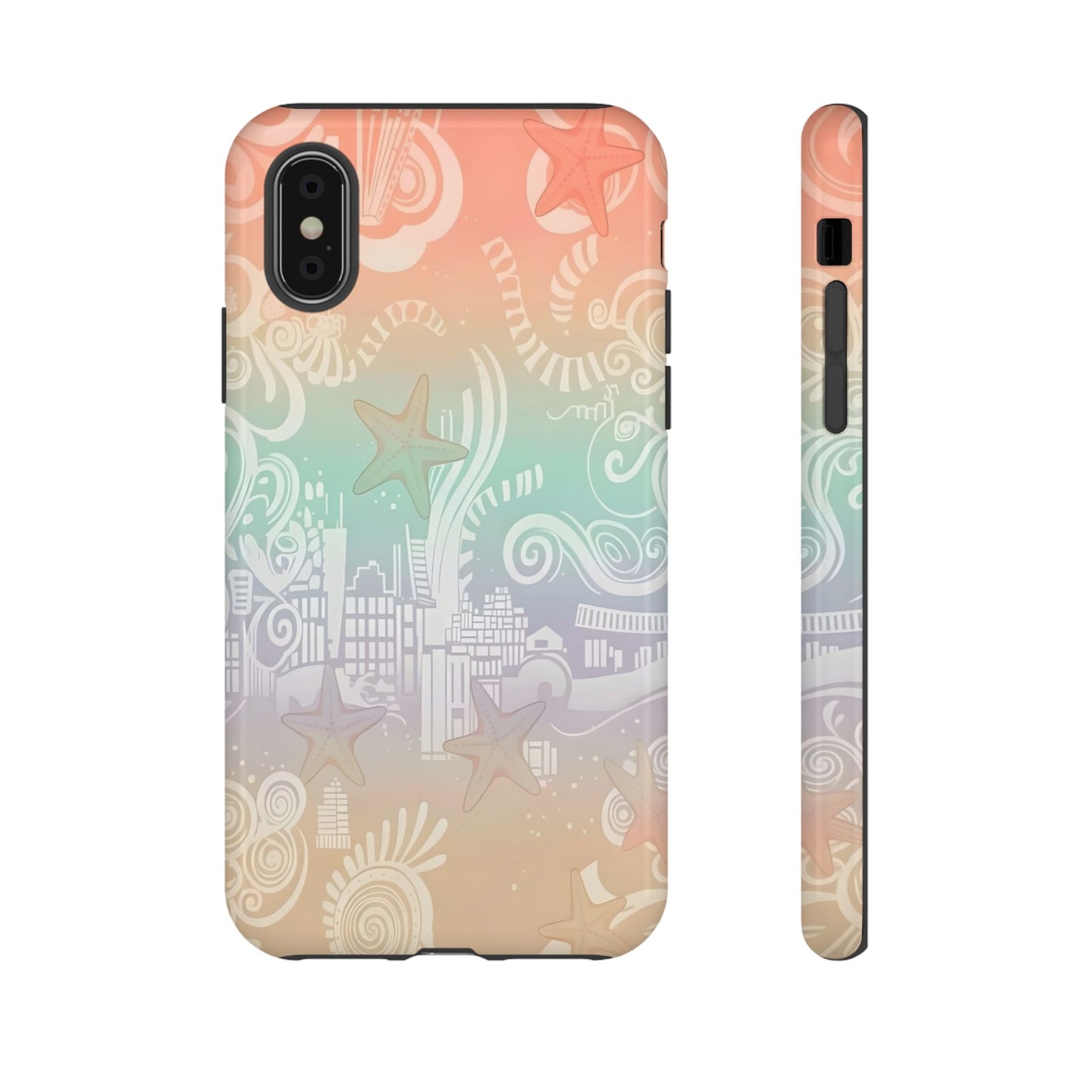 Tough Cases: Pastel Beach Pattern Phone Case — Starfish & Coastal Cityscape Protective Cover