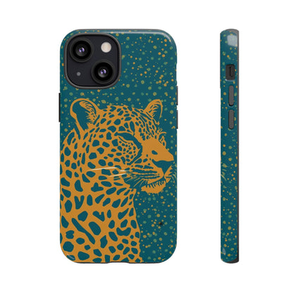 Leopard Print Tough Phone Case — Gold Panther on Teal, Protective iPhone Cover