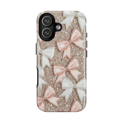Glitter Bow Tough Phone Case — Pink & White Ribbon Protective Cover