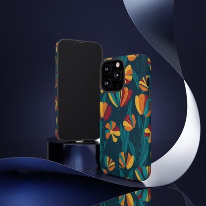 Floral Retro Teal Tough Phone Case — Vibrant Orange & Mustard Blooms