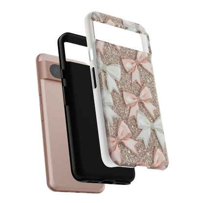 Glitter Bow Tough Phone Case — Pink & White Ribbon Protective Cover