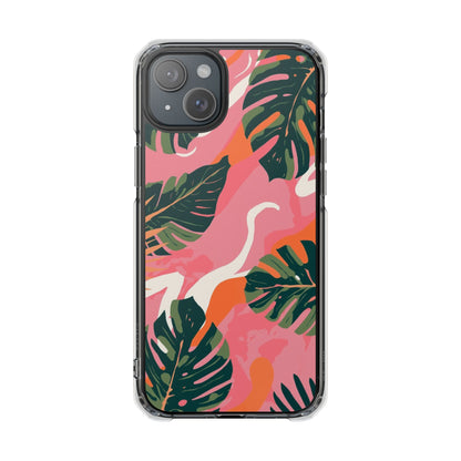 Clear Magnetic Phone Case — Tropical Pink Monstera Design
