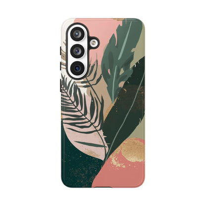Tropical Leaf Tough Phone Case — Abstract Pink & Green Botanical Protective Cover