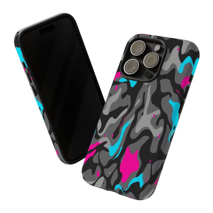 Camouflage Phone Case — Gray Camo with Neon Pink & Cyan Accent Tough Protective Cover