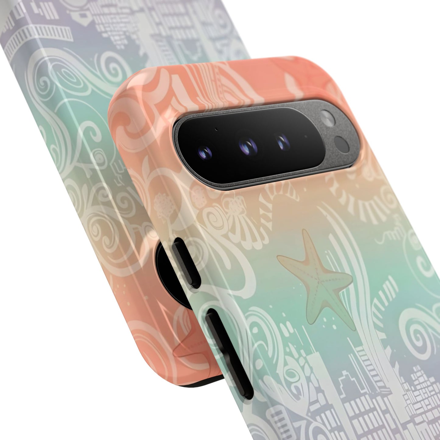 Tough Cases: Pastel Beach Pattern Phone Case — Starfish & Coastal Cityscape Protective Cover