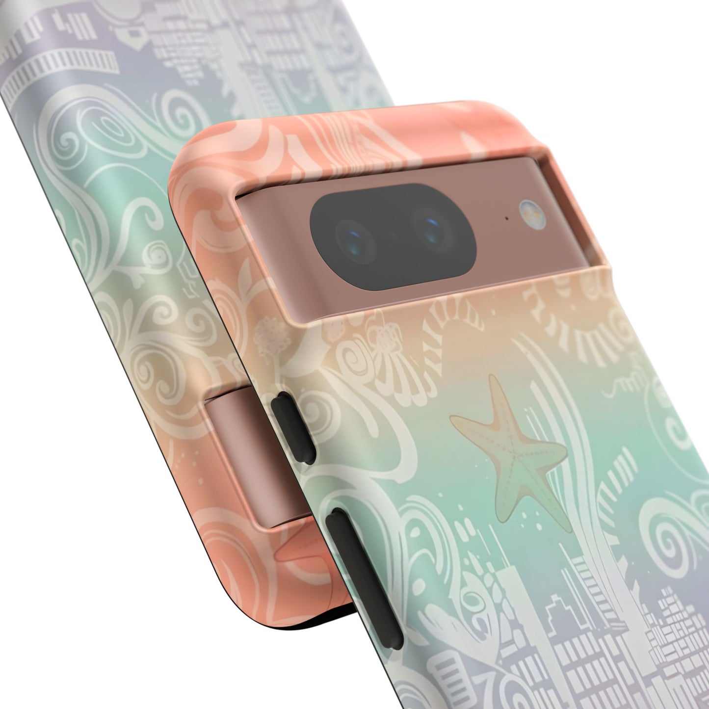 Tough Cases: Pastel Beach Pattern Phone Case — Starfish & Coastal Cityscape Protective Cover