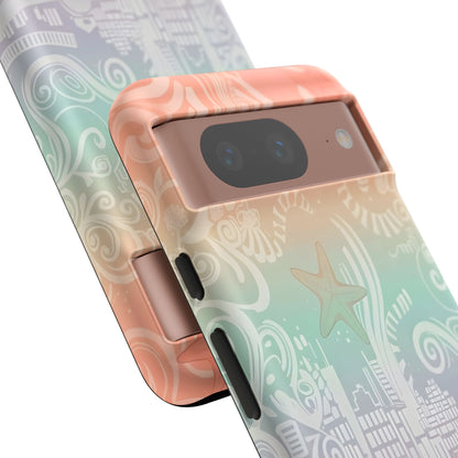 Tough Cases: Pastel Beach Pattern Phone Case — Starfish & Coastal Cityscape Protective Cover