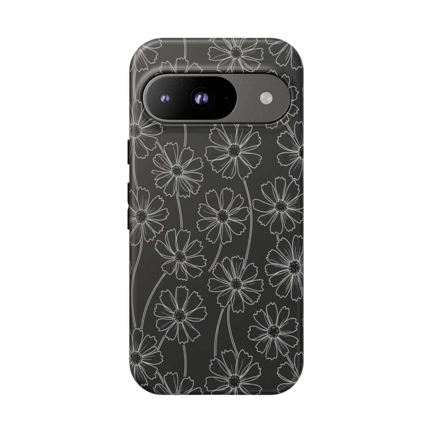 Floral Doodle Tough Phone Case — Black & Gray Daisy Pattern
