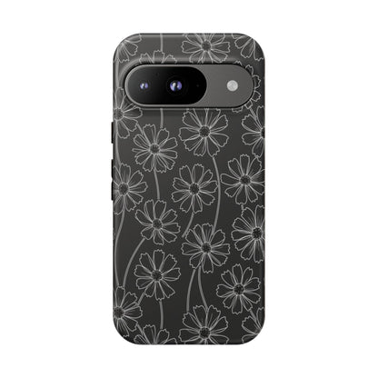 Floral Doodle Tough Phone Case — Black & Gray Daisy Pattern