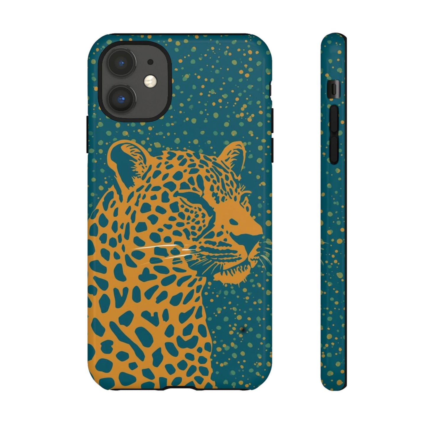 Leopard Print Tough Phone Case — Gold Panther on Teal, Protective iPhone Cover