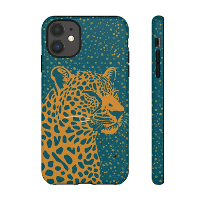 Leopard Print Tough Phone Case — Gold Panther on Teal, Protective iPhone Cover