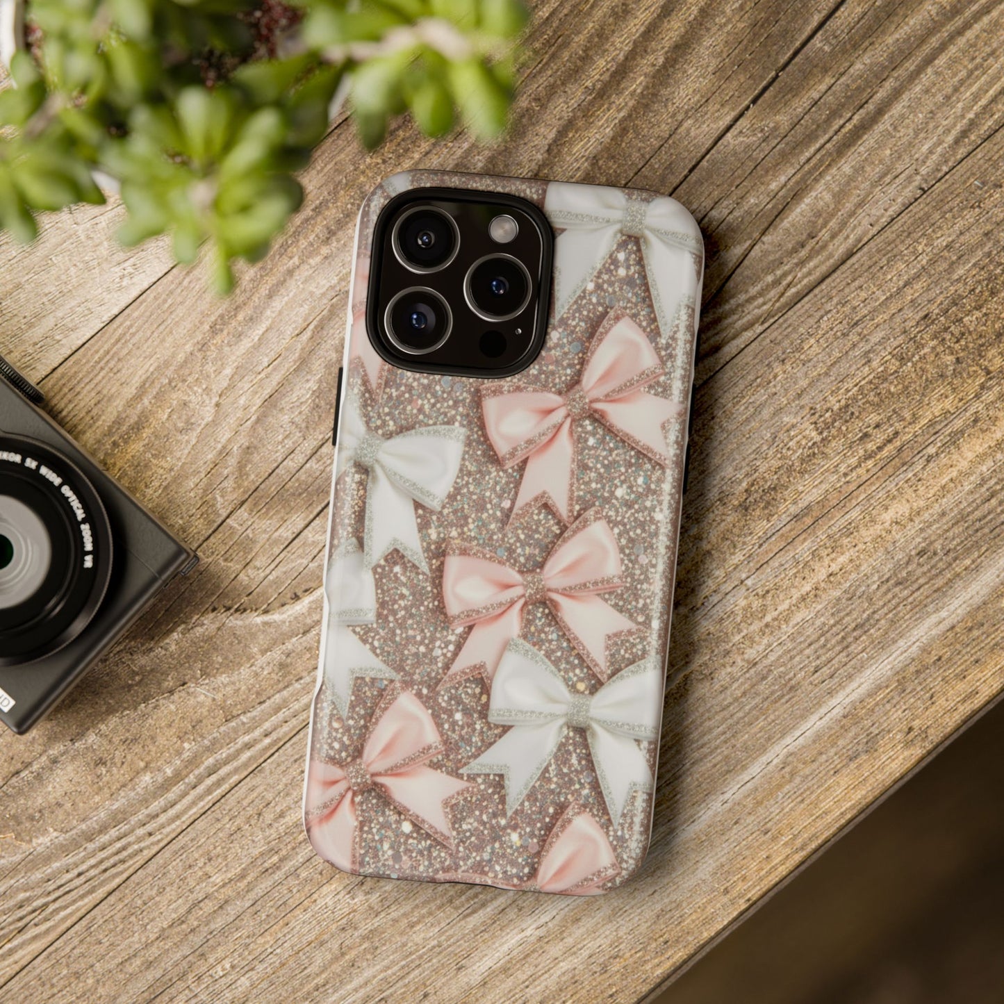 Glitter Bow Tough Phone Case — Pink & White Ribbon Protective Cover