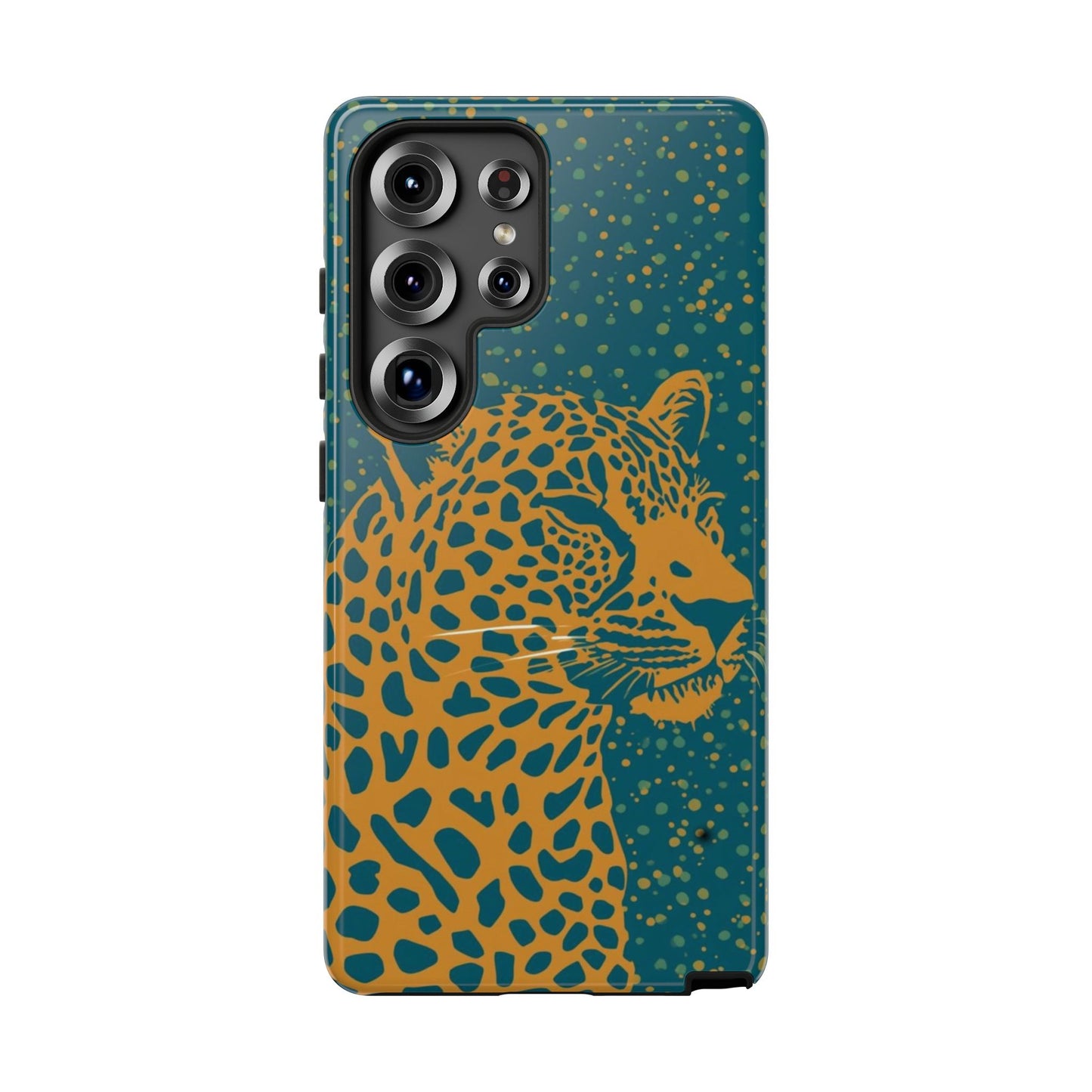 Leopard Print Tough Phone Case — Gold Panther on Teal, Protective iPhone Cover