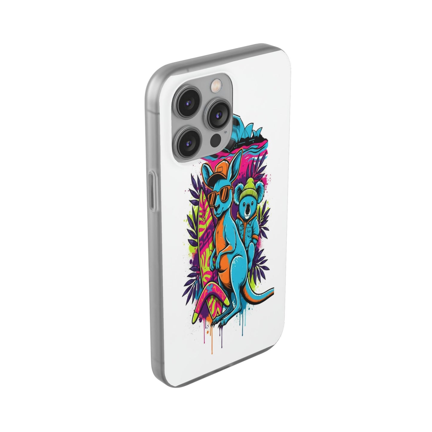 Kangaroo & Koala Surf Phone Case — Neon Aussie Beach Vibes Flexible Case