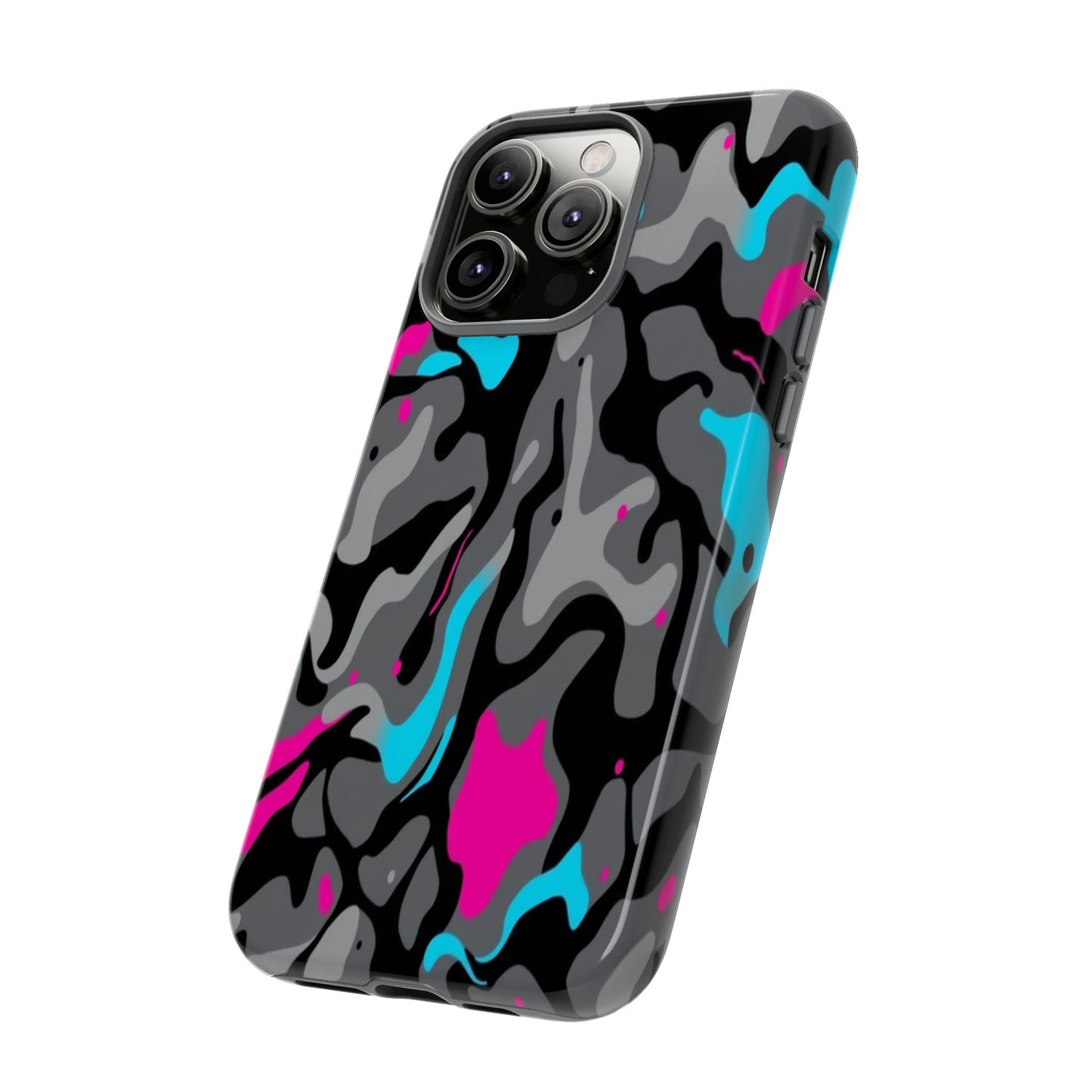 Camouflage Phone Case — Gray Camo with Neon Pink & Cyan Accent Tough Protective Cover