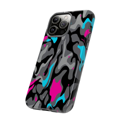Camouflage Phone Case — Gray Camo with Neon Pink & Cyan Accent Tough Protective Cover