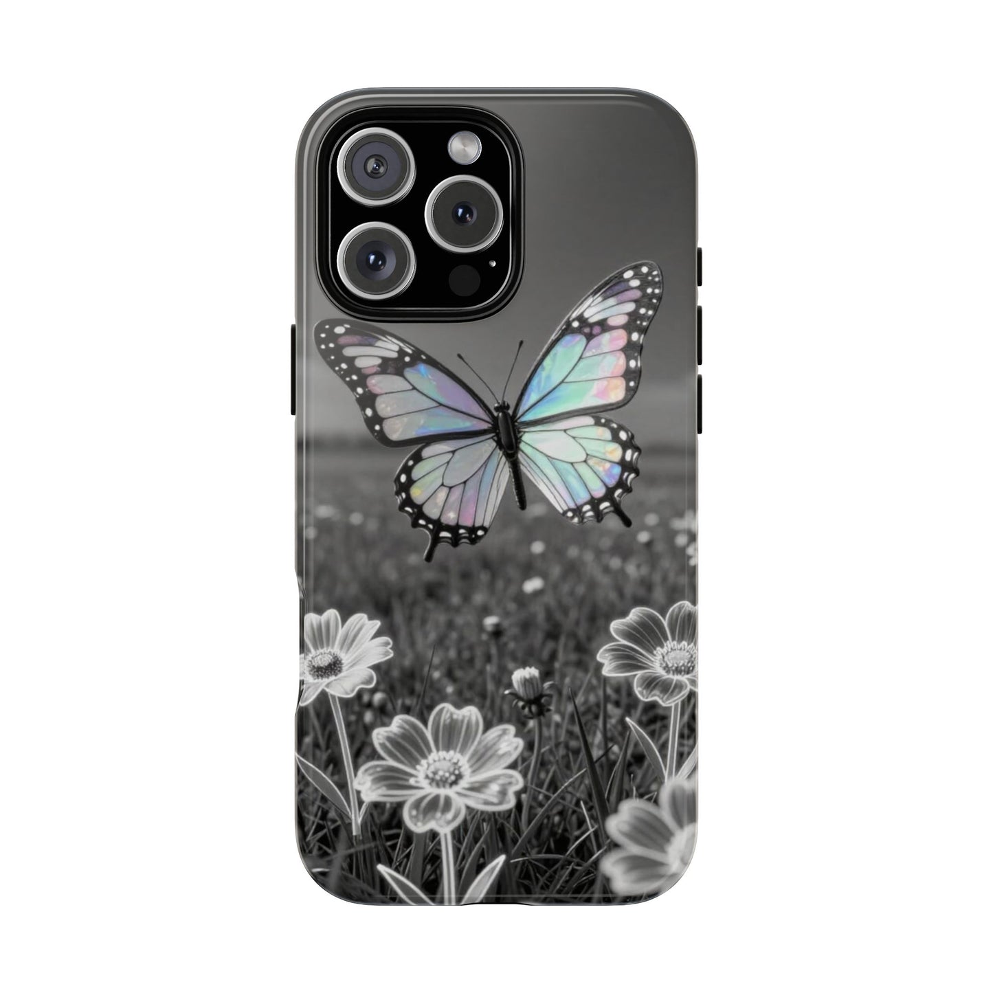 Butterfly Field Tough Phone Case — Pastel Holographic Butterfly on Black & White Floral Background