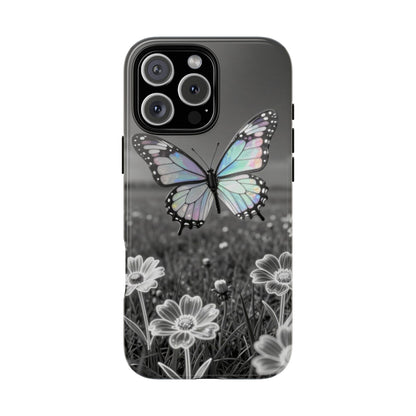 Butterfly Field Tough Phone Case — Pastel Holographic Butterfly on Black & White Floral Background