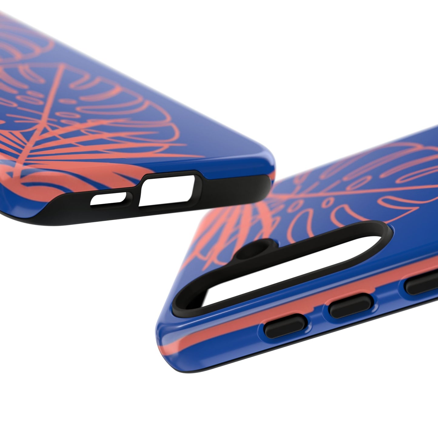 Tropical Monstera Phone Case — Blue & Coral Leaf Protective Cover