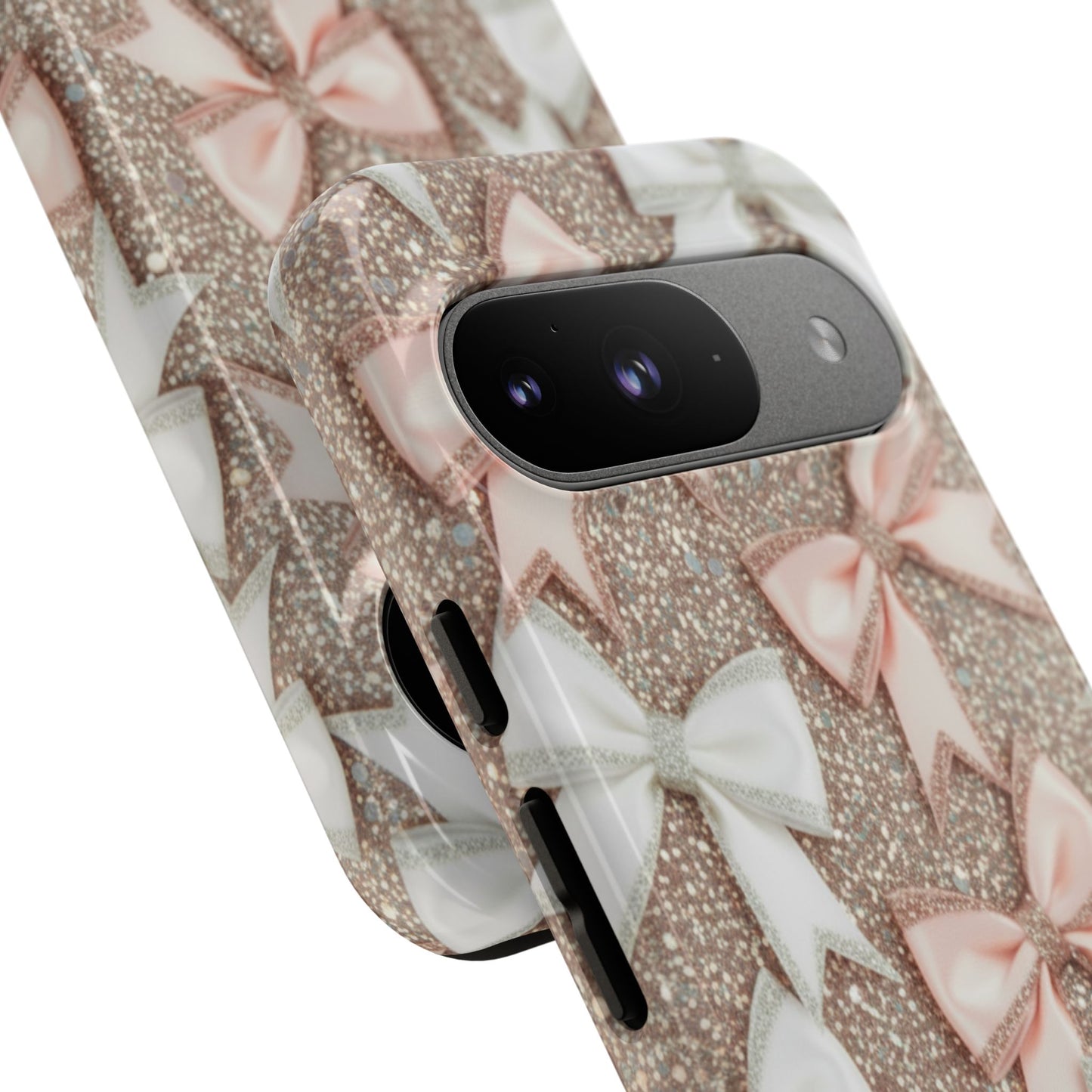 Glitter Bow Tough Phone Case — Pink & White Ribbon Protective Cover