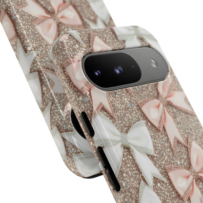 Glitter Bow Tough Phone Case — Pink & White Ribbon Protective Cover