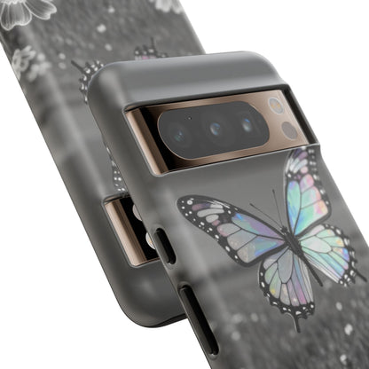 Butterfly Field Tough Phone Case — Pastel Holographic Butterfly on Black & White Floral Background