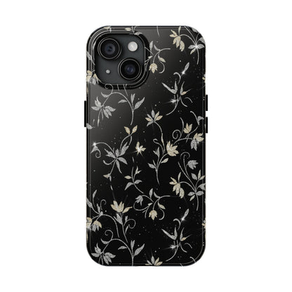 Floral Noir Tough Phone Case — Vintage Black Botanical Protective Cover