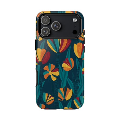 Floral Retro Teal Tough Phone Case — Vibrant Orange & Mustard Blooms