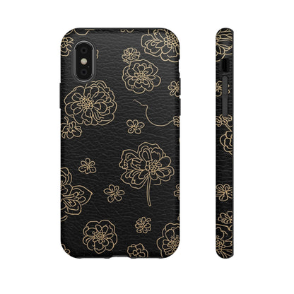 Floral Leather-Texture Tough Case – Black Gold Outline Phone Cover