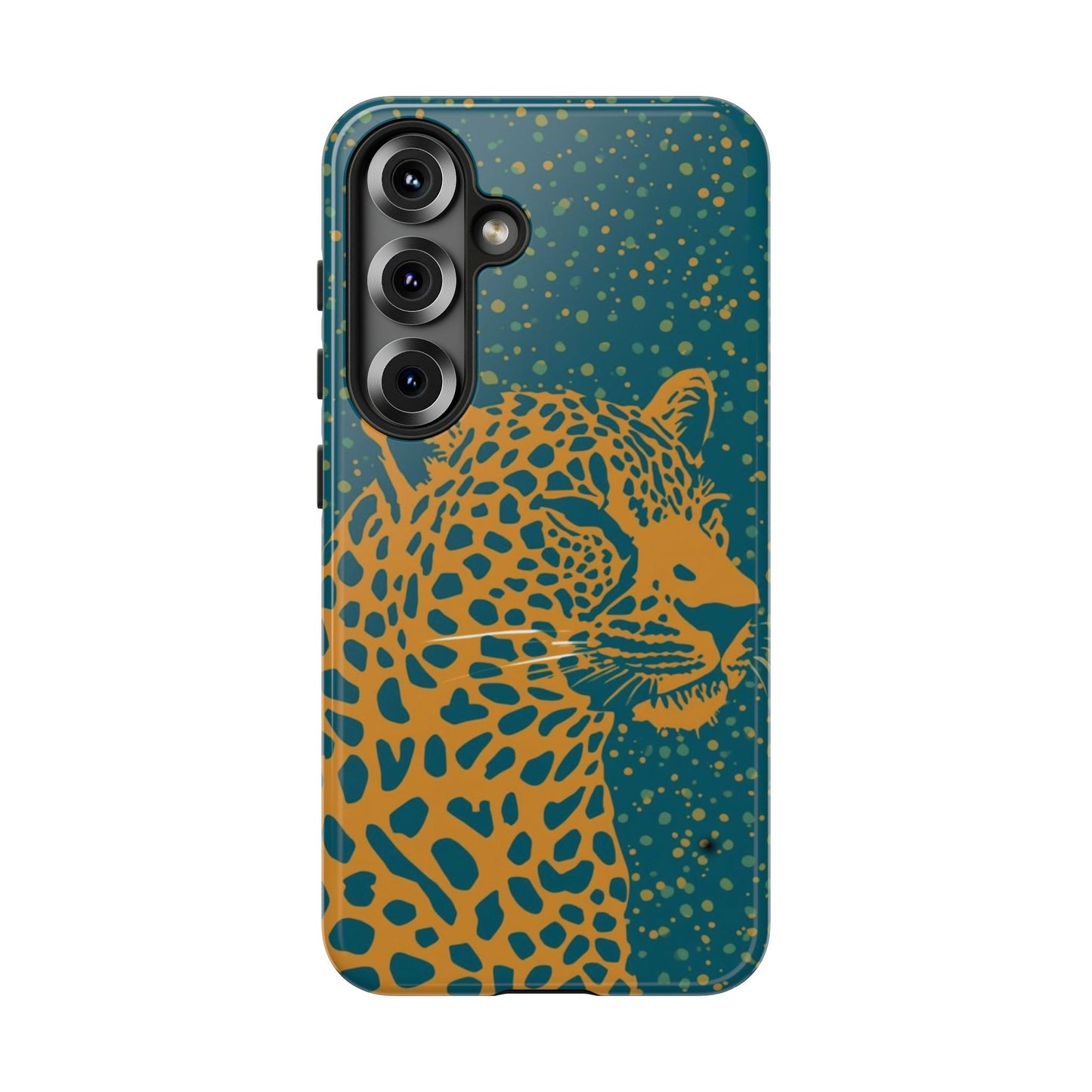 Leopard Print Tough Phone Case — Gold Panther on Teal, Protective iPhone Cover
