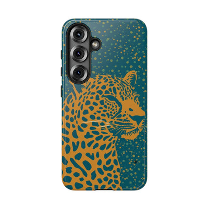Leopard Print Tough Phone Case — Gold Panther on Teal, Protective iPhone Cover