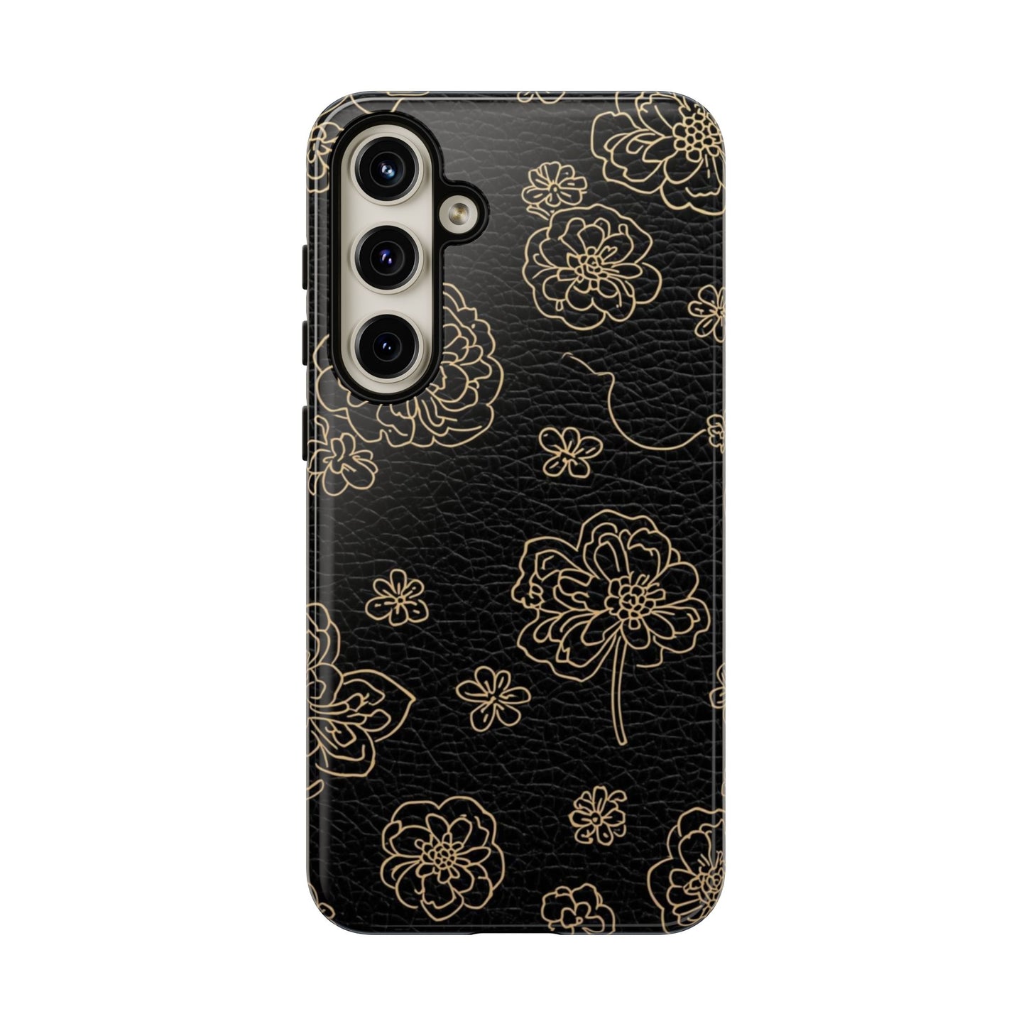 Floral Leather-Texture Tough Case – Black Gold Outline Phone Cover