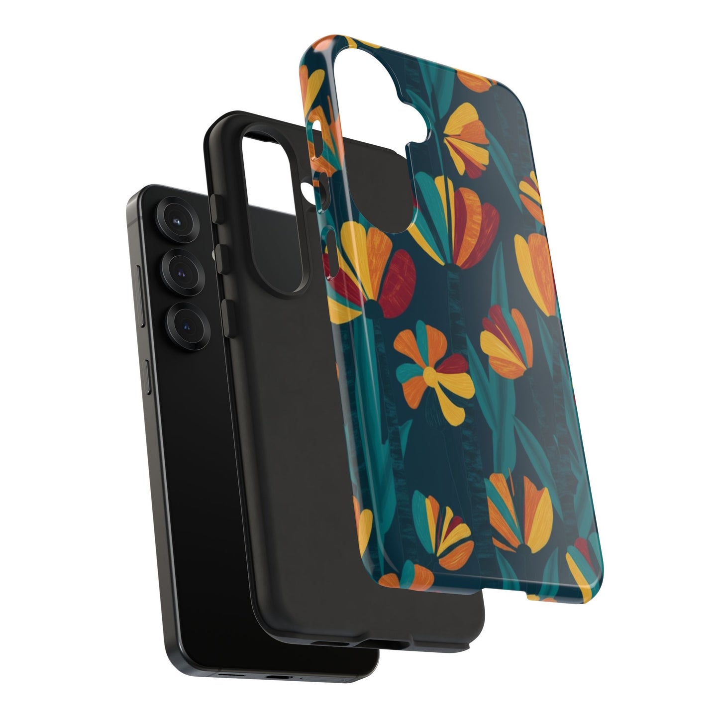 Floral Retro Teal Tough Phone Case — Vibrant Orange & Mustard Blooms