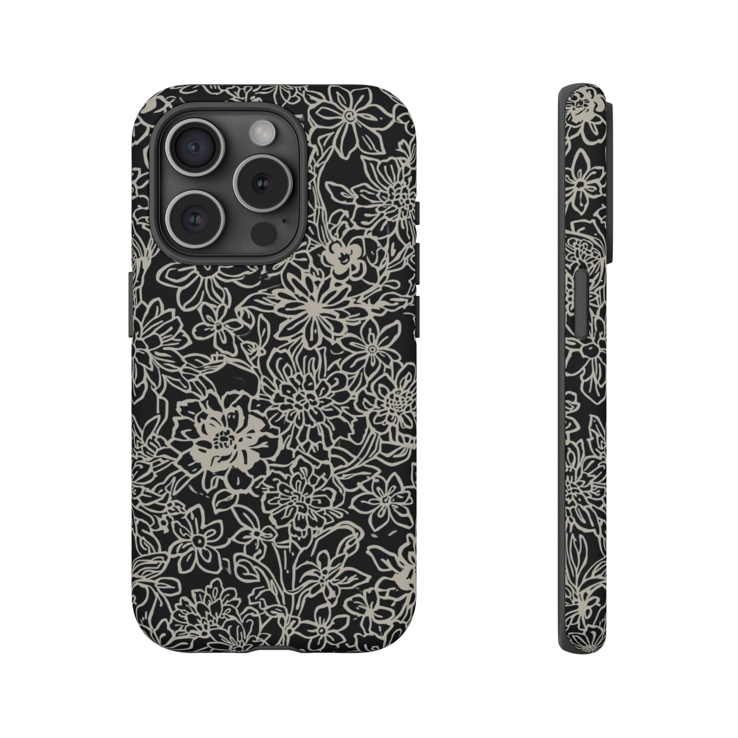 Floral Doodle Tough Phone Case — Black & White Sketch Flower Protective Cover