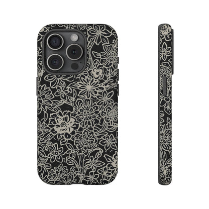 Floral Doodle Tough Phone Case — Black & White Sketch Flower Protective Cover