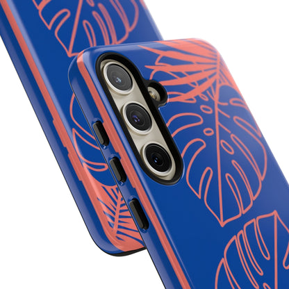 Tropical Monstera Phone Case — Blue & Coral Leaf Protective Cover