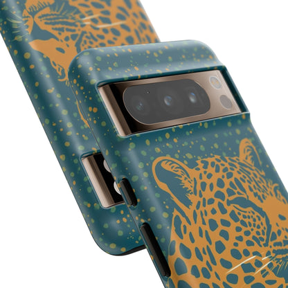 Leopard Print Tough Phone Case — Gold Panther on Teal, Protective iPhone Cover