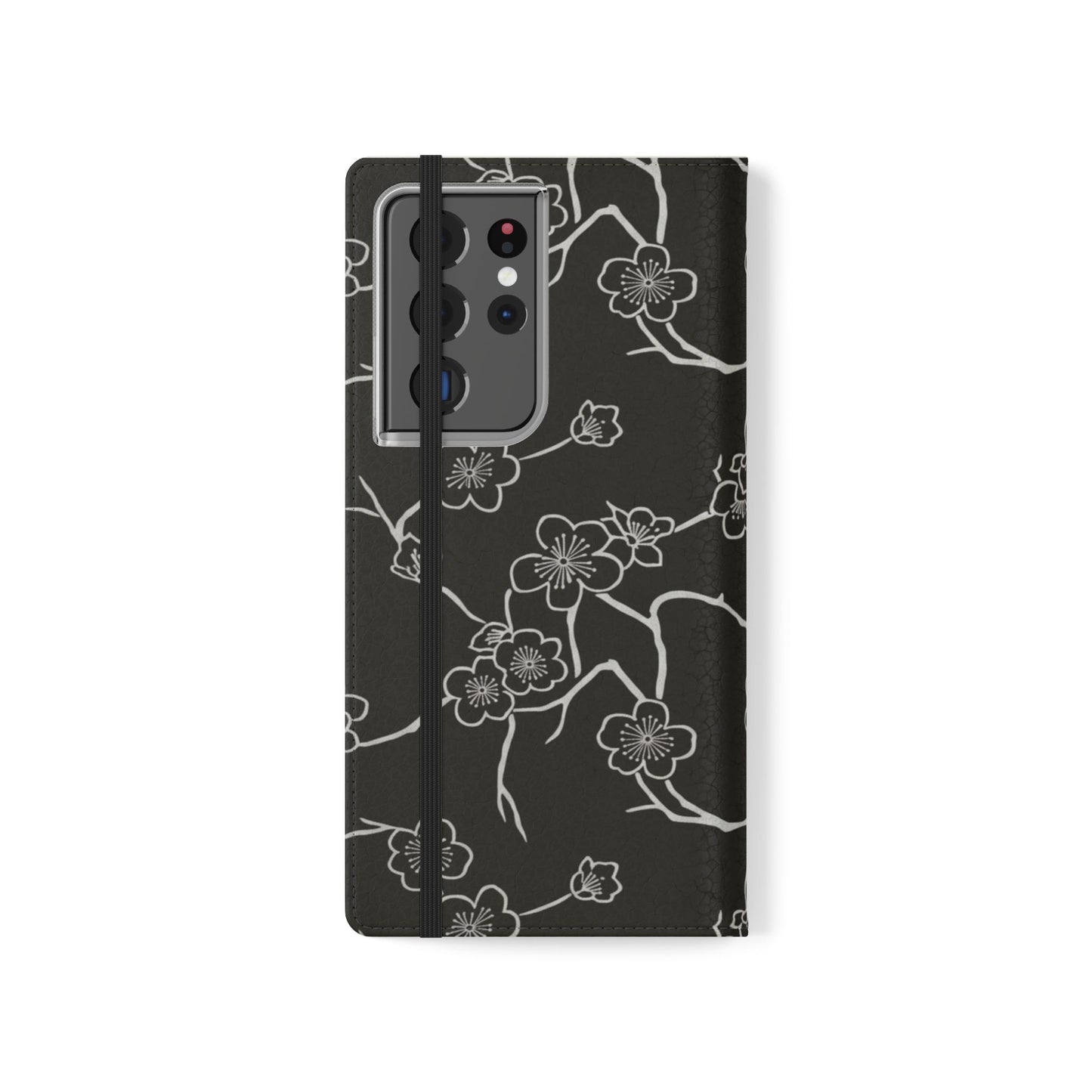 Black Cherry Blossom Flip Phone Case – Floral Wallet Flip Case with Card Slots