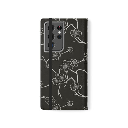 Black Cherry Blossom Flip Phone Case – Floral Wallet Flip Case with Card Slots