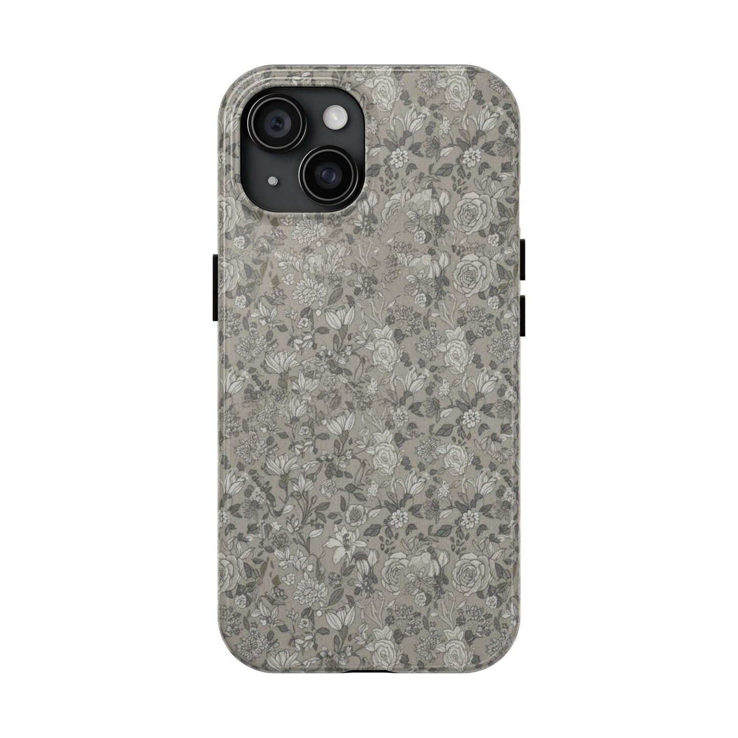 Gray Floral Tough Phone Case — Durable Protective Phone Cover with Vintage Botanical Pattern