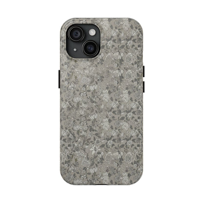 Gray Floral Tough Phone Case — Durable Protective Phone Cover with Vintage Botanical Pattern