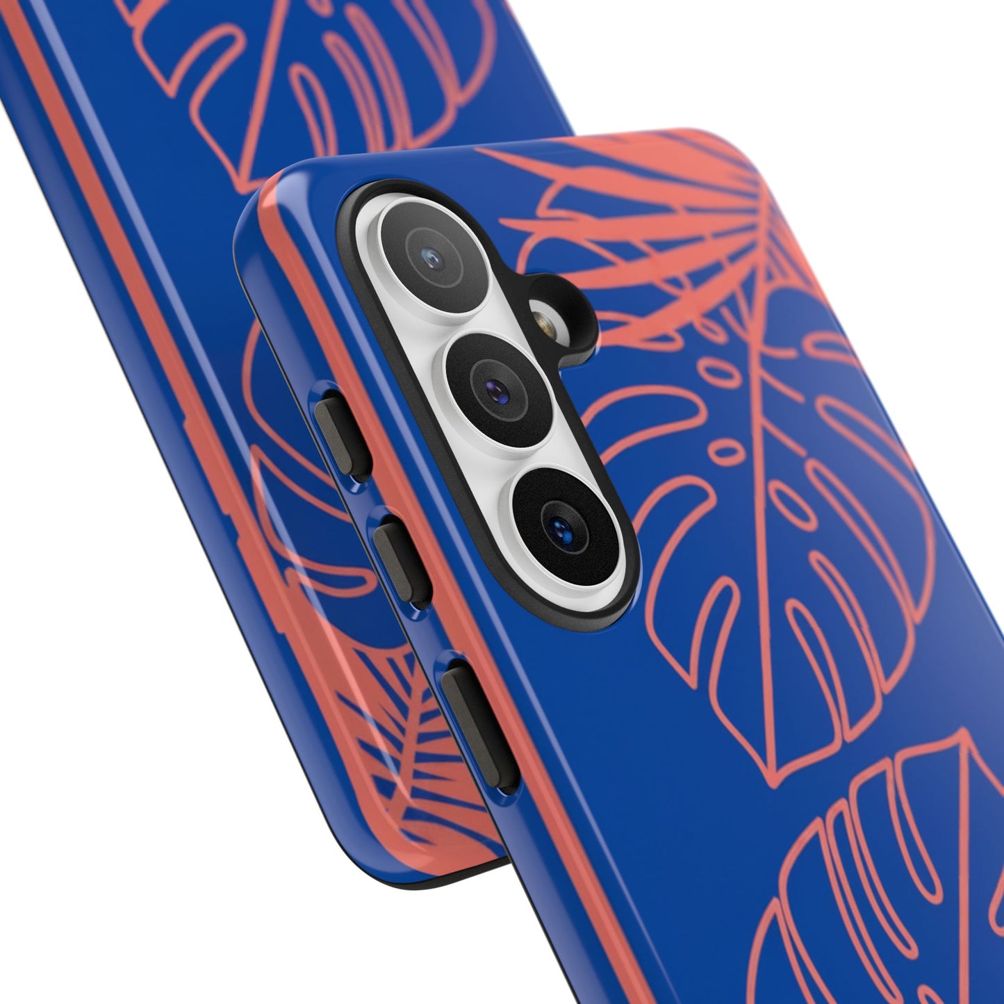 Tropical Monstera Phone Case — Blue & Coral Leaf Protective Cover