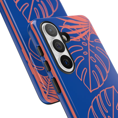 Tropical Monstera Phone Case — Blue & Coral Leaf Protective Cover