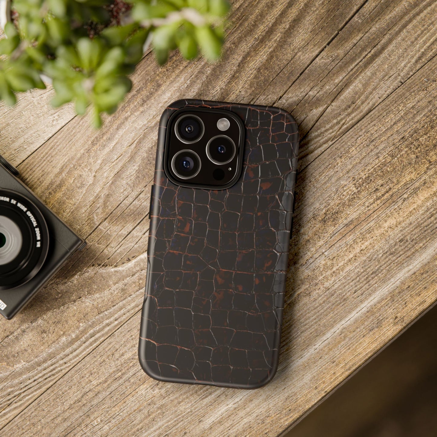 Croc-Embossed Tough Phone Case — Shockproof Black Alligator Texture