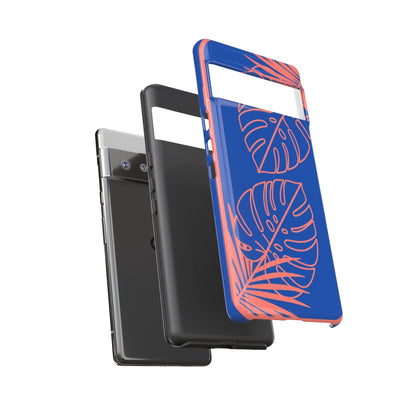 Tropical Monstera Phone Case — Blue & Coral Leaf Protective Cover