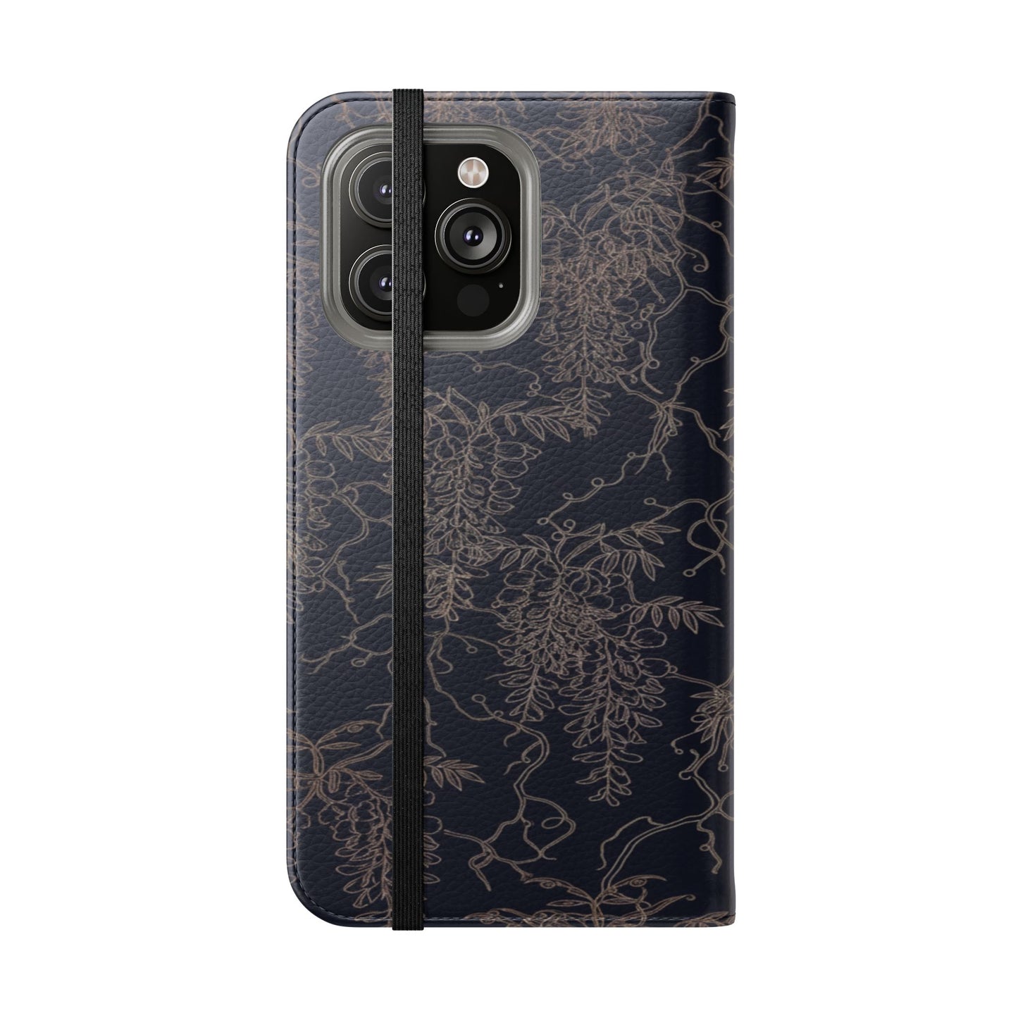 Botanical Noir Flip Phone Case — Dark Floral Wallet Cover with Card Slots