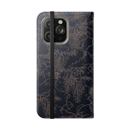 Botanical Noir Flip Phone Case — Dark Floral Wallet Cover with Card Slots